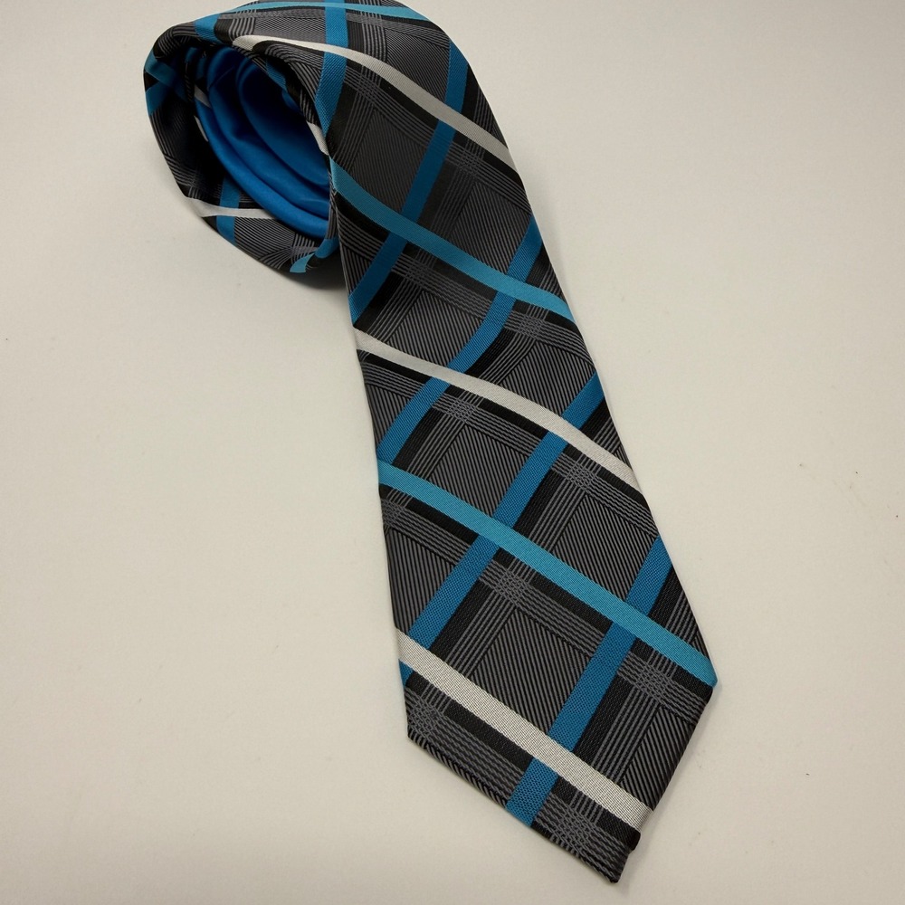 J.Ferrar Mens Necktie Grey Blue Black Plaid Geometric Hand Made Polyester Tie